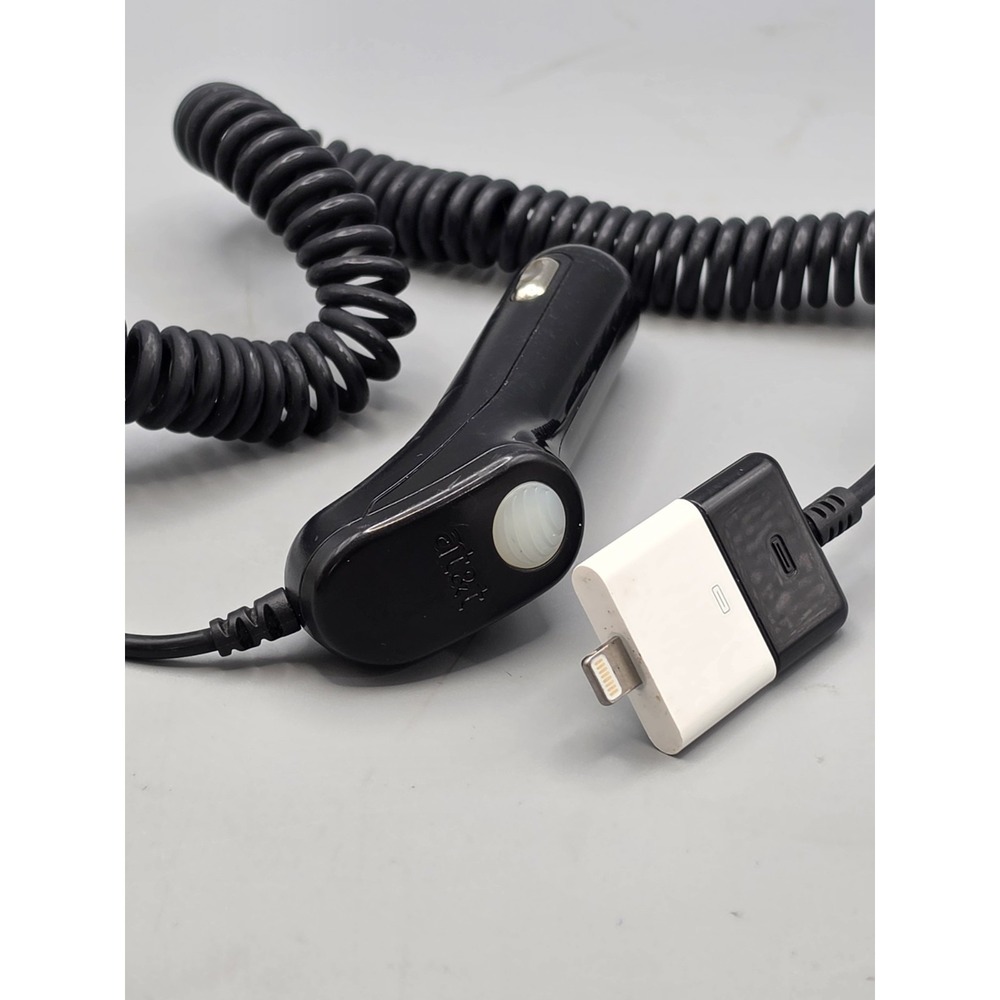 AT&T Car Charger w Apple A1468 Adapter Coiled Cord 30-Pin to 8-Pin Untested